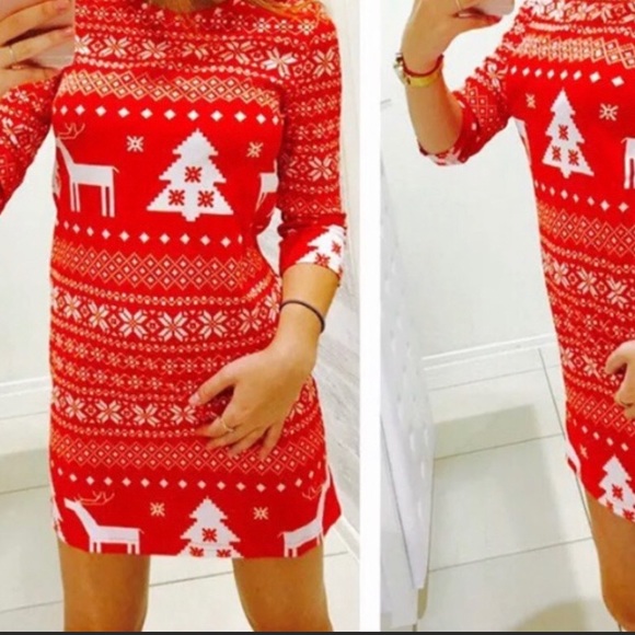 Christmas Dress Reindeer & Snowflake Red Pattern Christmas Party Size Large - Picture 4 of 7